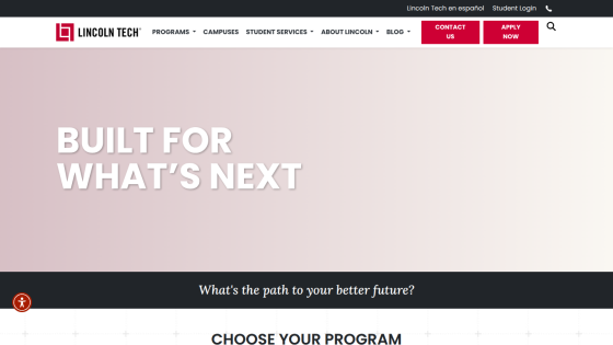 Hero section with the text 'BUILT FOR WHAT’S NEXT' and a prompt about choosing a program.