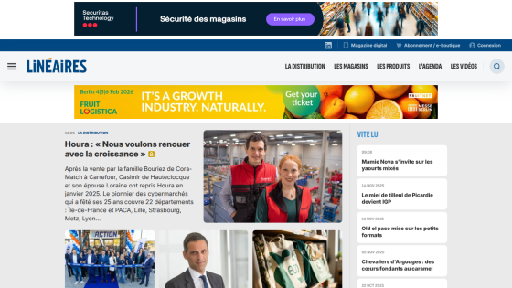 French retail industry news site with headline on growth, images of people, and navigation menu