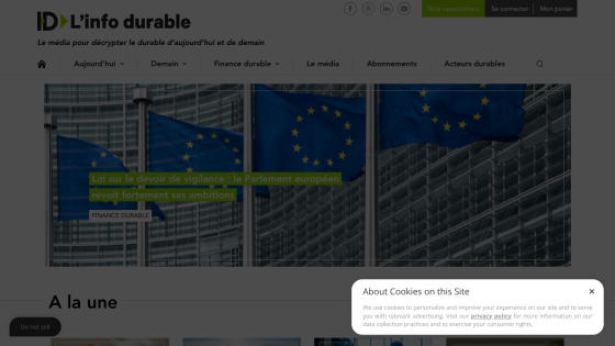 Sustainable development news site with headline and European Union flag images, cookie consent banner visible but unobtrusive