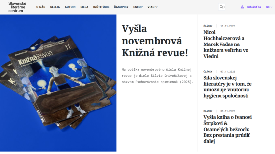 Slovenské literárne centrum website featuring the November issue of Knižná revue and recent articles