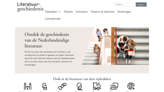 Homepage of a Dutch literature history site with navigation, search bar, and introduction to literary texts and authors