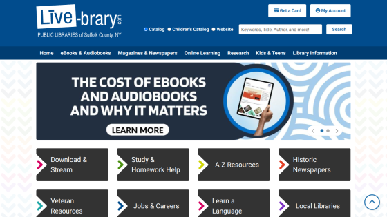 Live-brary public library site with navigation, search, and featured ebook cost information