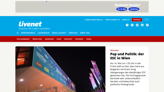 Livenet homepage featuring news on politics and the ESC in Vienna.