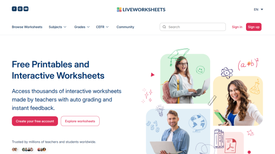 Homepage featuring free printables and interactive worksheets with a call to action to create an account.