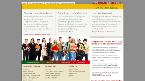 Homepage of a Spanish learning site featuring grammar resources and online lessons.