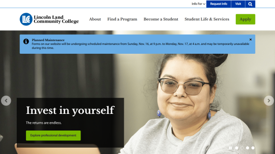 Lincoln Land Community College homepage with navigation and a hero section encouraging professional development