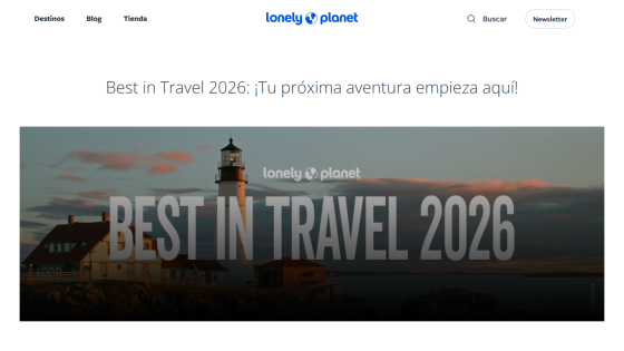 Lonely Planet homepage featuring Best in Travel 2026 with lighthouse image and navigation links.