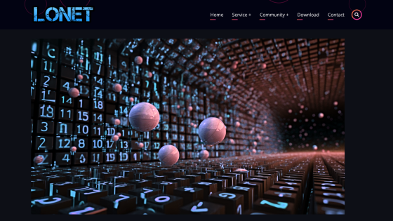 LONET website with navigation menu and a futuristic digital tunnel hero image