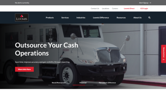 Loomis homepage with navigation and hero message about reducing bank trips for staff with a call to action button.