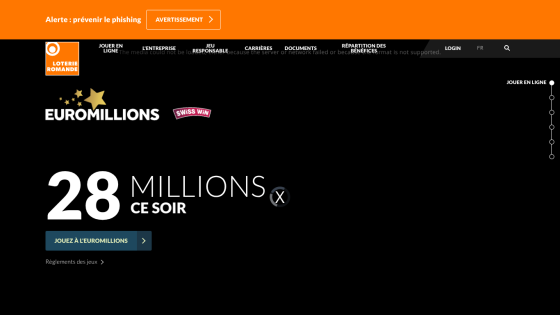 Euromillions lottery promotion showing '28 MILLIONS CE SOIR' and a play button.