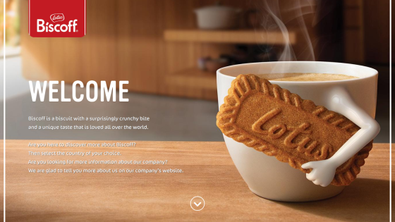 Welcome page for Biscoff featuring a steaming cup of coffee with a Lotus biscuit and introductory text about the biscuit's taste and company information.
