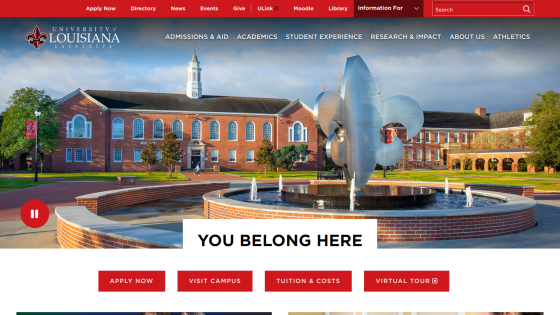 Homepage of the University of Louisiana featuring a fountain and the text 'YOU BELONG HERE'.