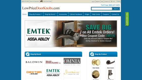 Homepage of LowPriceDoorKnobs.com featuring a promotional banner and product categories.
