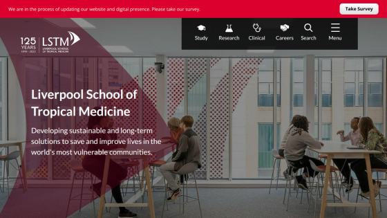 Liverpool School of Tropical Medicine homepage with navigation and a group of people sitting and talking in a modern indoor space