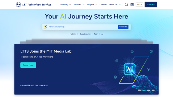 Website header with navigation and hero section announcing LTTS joining MIT Media Lab collaboration