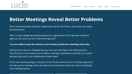 Lucid website homepage promoting better meetings with clear navigation links and detailed introductory text