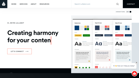Lullabot homepage with navigation and hero text 'Creating harmony for your content' plus a call to action button