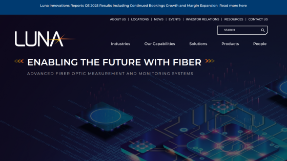 Luna website with navigation and headline about advanced fiber optic measurement and monitoring systems