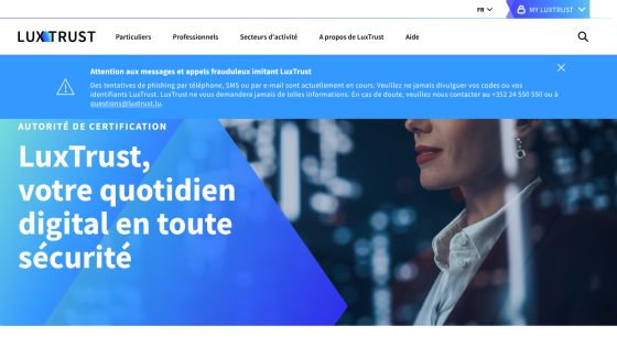 LuxTrust homepage with navigation bar and hero section promoting secure digital daily use