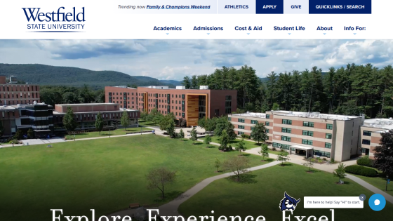 Westfield State University homepage featuring campus view and navigation options.