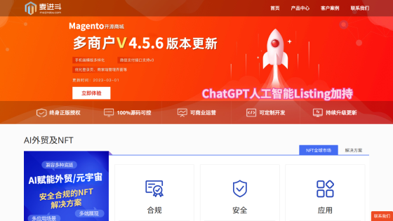 Website header for Magento 4.5.6 update with a rocket graphic and service offerings.