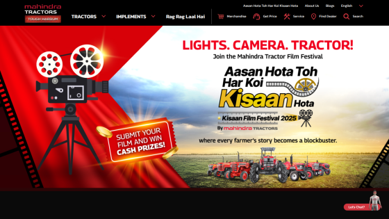 Mahindra Tractors website promoting the Kisaan Film Festival 2025 with a call to submit films and win cash prizes, showing tractors and film camera graphics.