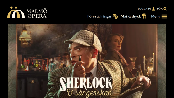 Malmö Opera website header with navigation and hero image promoting Sherlock & sångerskan performance
