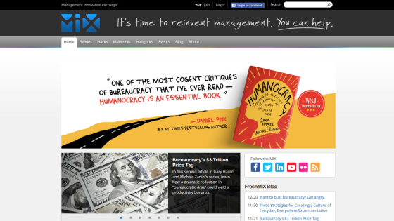Management Innovation eXchange homepage with book promotion, navigation menu, and blog links