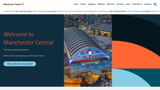 Homepage of Manchester Central featuring a welcome message and an image of the venue.
