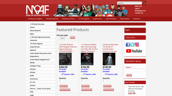 Man of Action Figures website with navigation and featured pre-order action figures including Platoon Staff Sergeant Barnes, Spider-Man, and Bride of Frankenstein