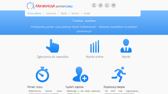 Maratonczyk website for professional triathlon and duathlon time measurement with navigation and service icons