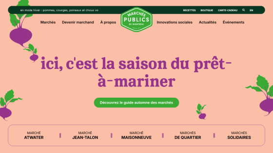 Marchés Publics de Montréal website with autumn market season message and navigation links