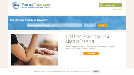 Homepage of MassageTherapy.com featuring a search bar and reasons to see a massage therapist.