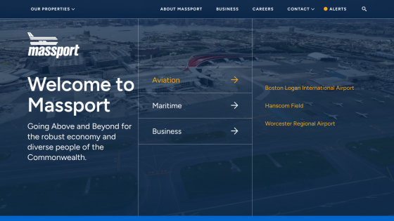 Homepage of Massport with welcome message and navigation options for Aviation, Maritime, and Business.