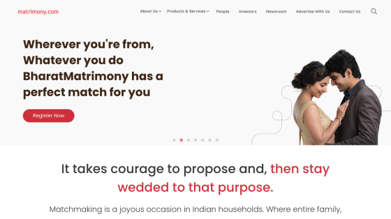 Dating site BharatMatrimony homepage with headline about perfect match and a couple image