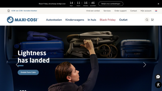 Maxi-Cosi website with navigation and hero image showing a woman placing luggage in overhead bin with text Lightness has landed