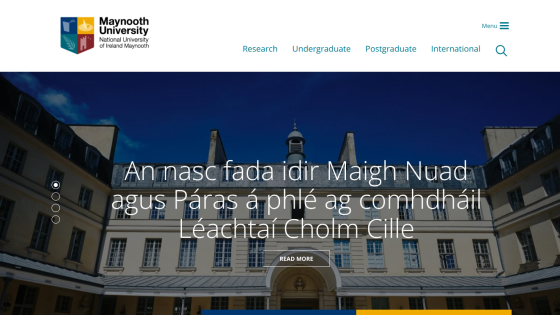 Homepage of Maynooth University featuring a building facade and navigation options.
