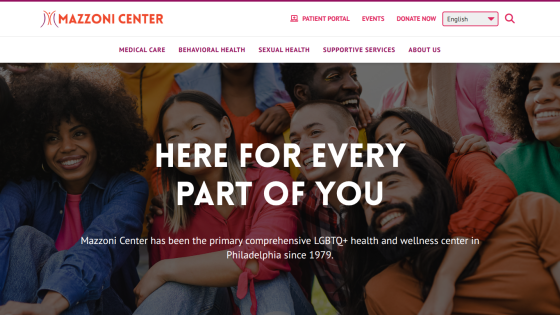 Mazzoni Center homepage featuring diverse individuals and the text 'HERE FOR EVERY PART OF YOU'.