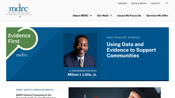 MDRC website featuring a podcast episode on data and evidence for communities.