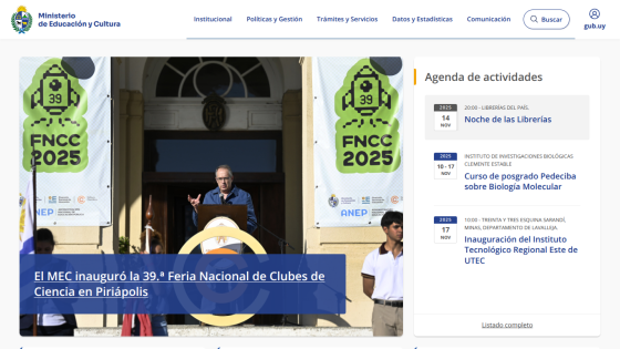 Ministerio de Educación y Cultura website showing inauguration of 39th National Science Clubs Fair and upcoming activities agenda.