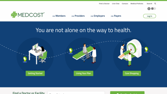 MedCost homepage with navigation and hero section offering Getting Started, Living Your Plan, and Care Shopping options