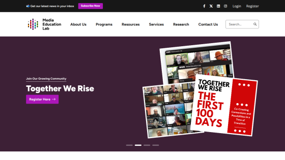 Media Education Lab homepage with navigation and hero section promoting community registration 'Together We Rise'