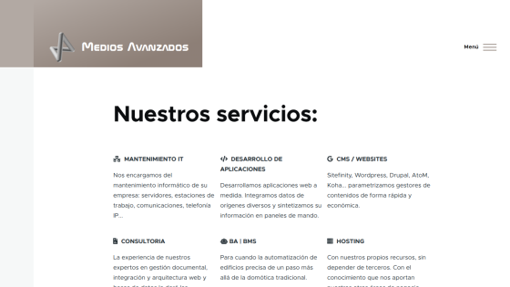 Medios Avanzados website showing IT maintenance, application development, CMS/websites, consulting, BA/BMS, and hosting services
