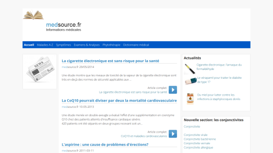 Homepage of Medisource with health information articles and navigation links.