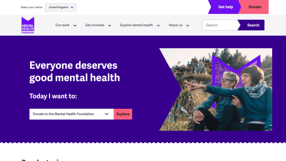 Homepage promoting mental health with options to donate or explore resources.