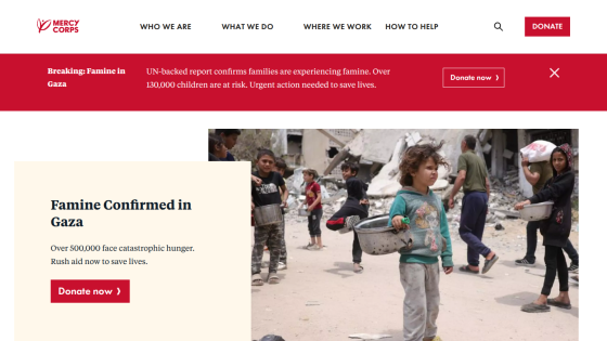 Homepage featuring a call to action about famine in Gaza with images of affected families.