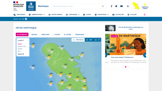Weather forecast for Martinique showing temperatures and rain icons for Monday morning, with navigation and weather alerts