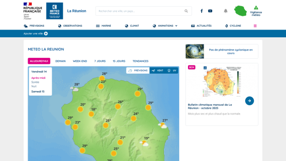 Weather map of La Réunion with temperature icons and navigation menu above