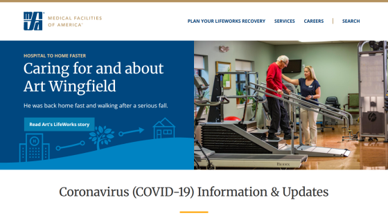 Medical Facilities of America homepage with story about Art Wingfield's recovery and COVID-19 updates