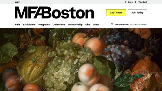 MFA Boston website header with navigation and featured artwork of fruits.